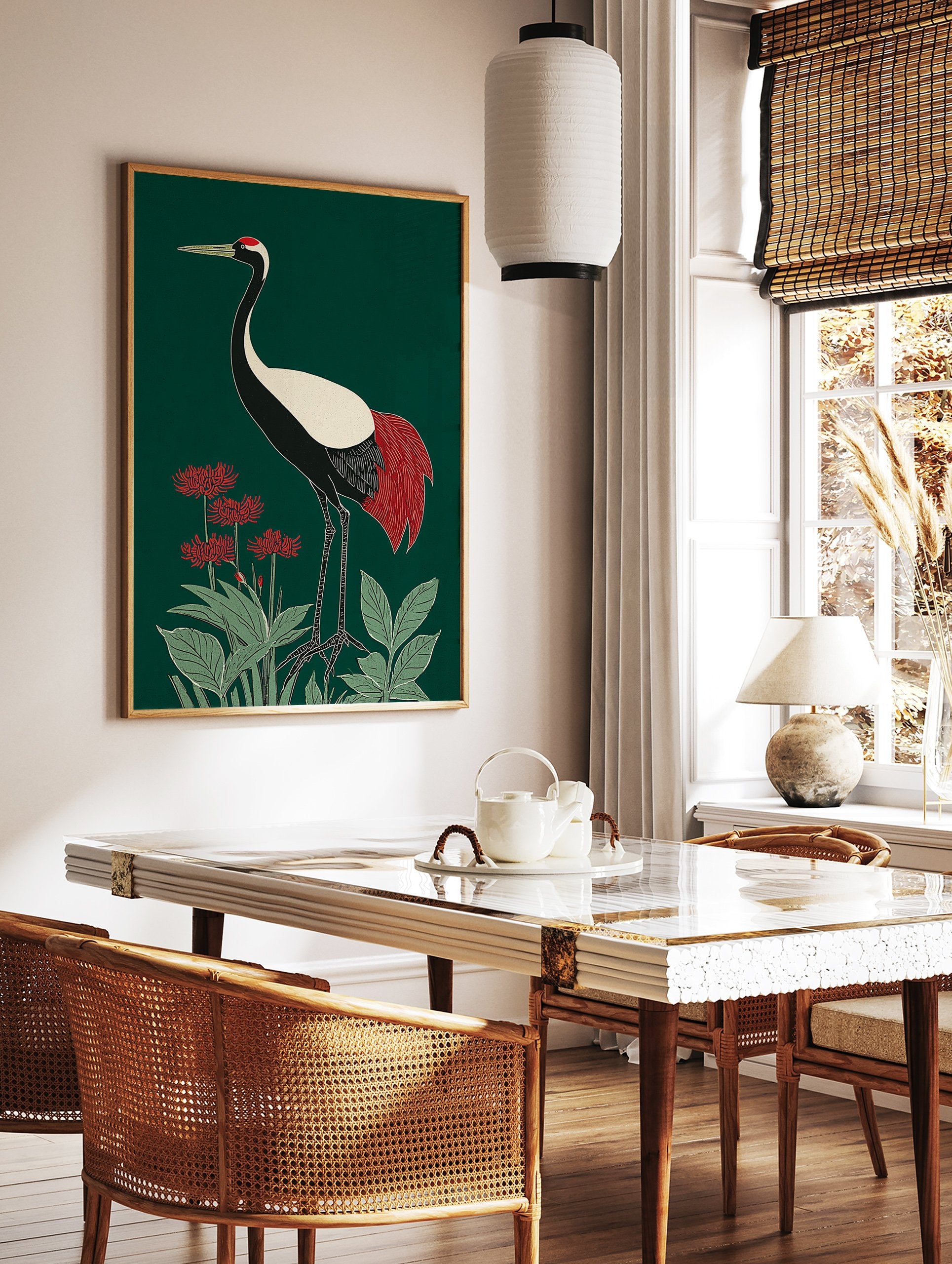 Japanese Crane poster with red tail feathers and a red crown, standing among red spider lilies and green leaves on a dark green background. - Image 2