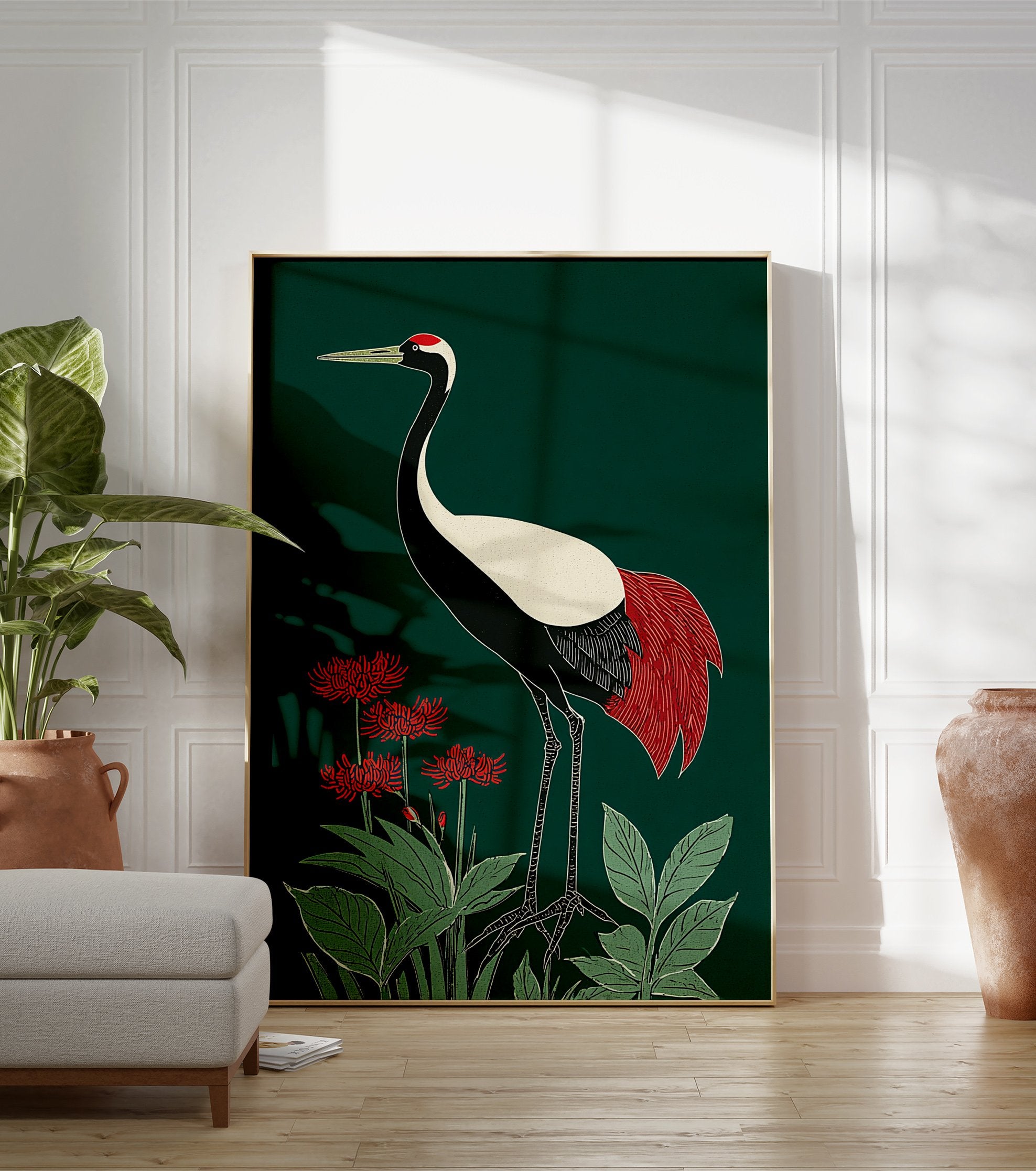 Japanese Crane poster with red tail feathers and a red crown, standing among red spider lilies and green leaves on a dark green background. - Image 3