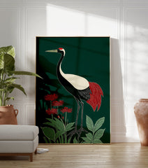 Japanese Crane poster with red tail feathers and a red crown, standing among red spider lilies and green leaves on a dark green background. - Image 3