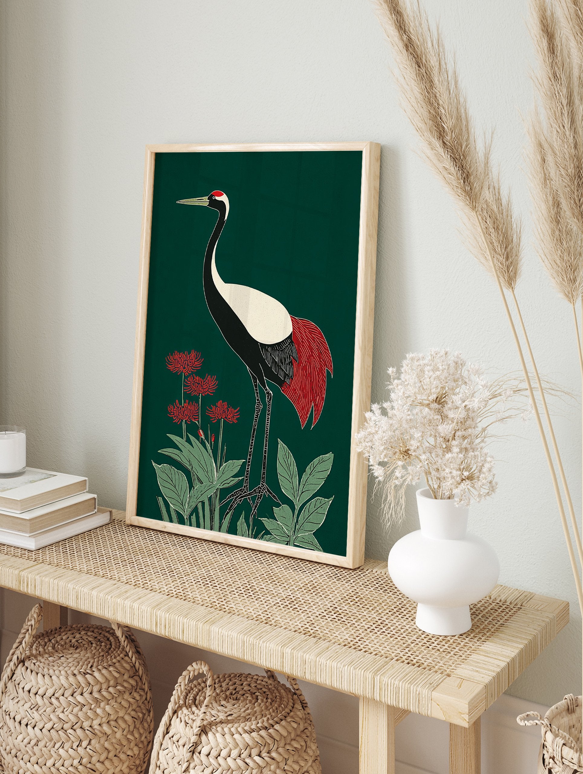Japanese Crane poster with red tail feathers and a red crown, standing among red spider lilies and green leaves on a dark green background. - Image 4
