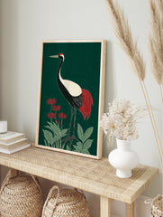 Japanese Crane poster with red tail feathers and a red crown, standing among red spider lilies and green leaves on a dark green background. - Image 4
