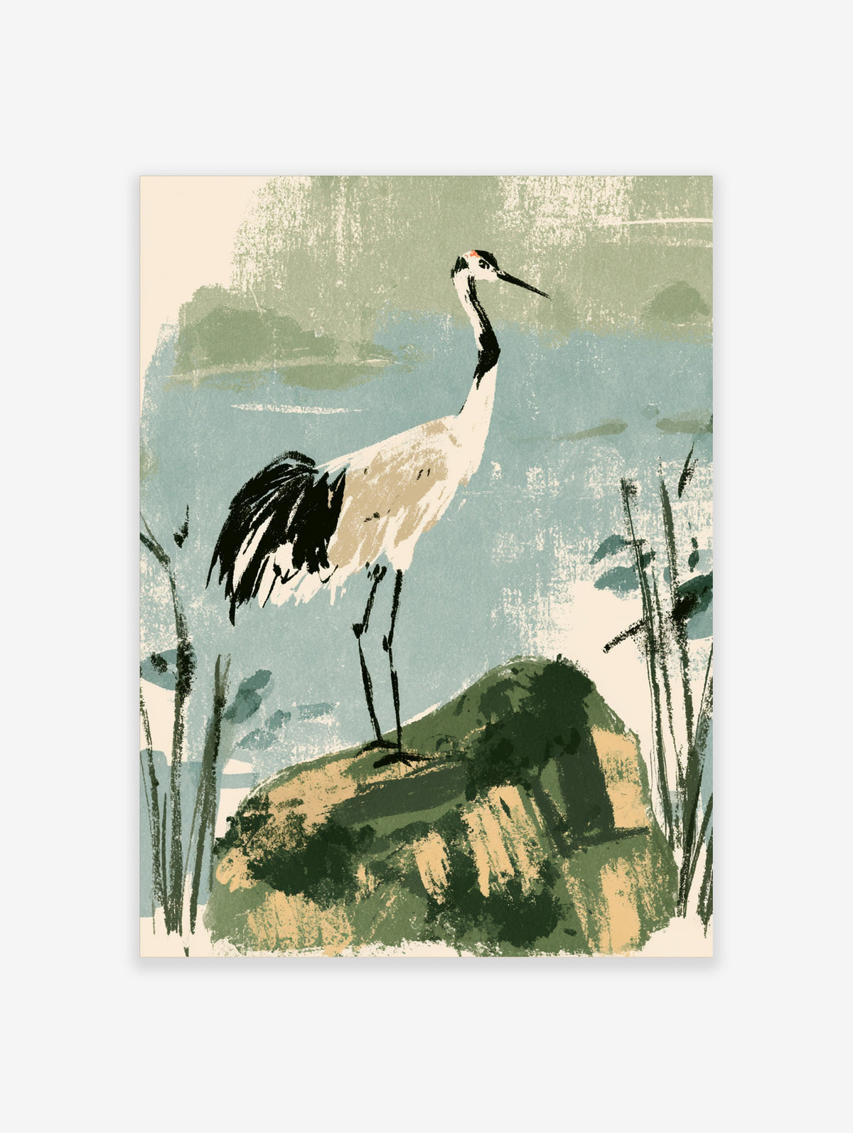 Japanese crane art print with white and black bird on a mossy rock, green and blue background