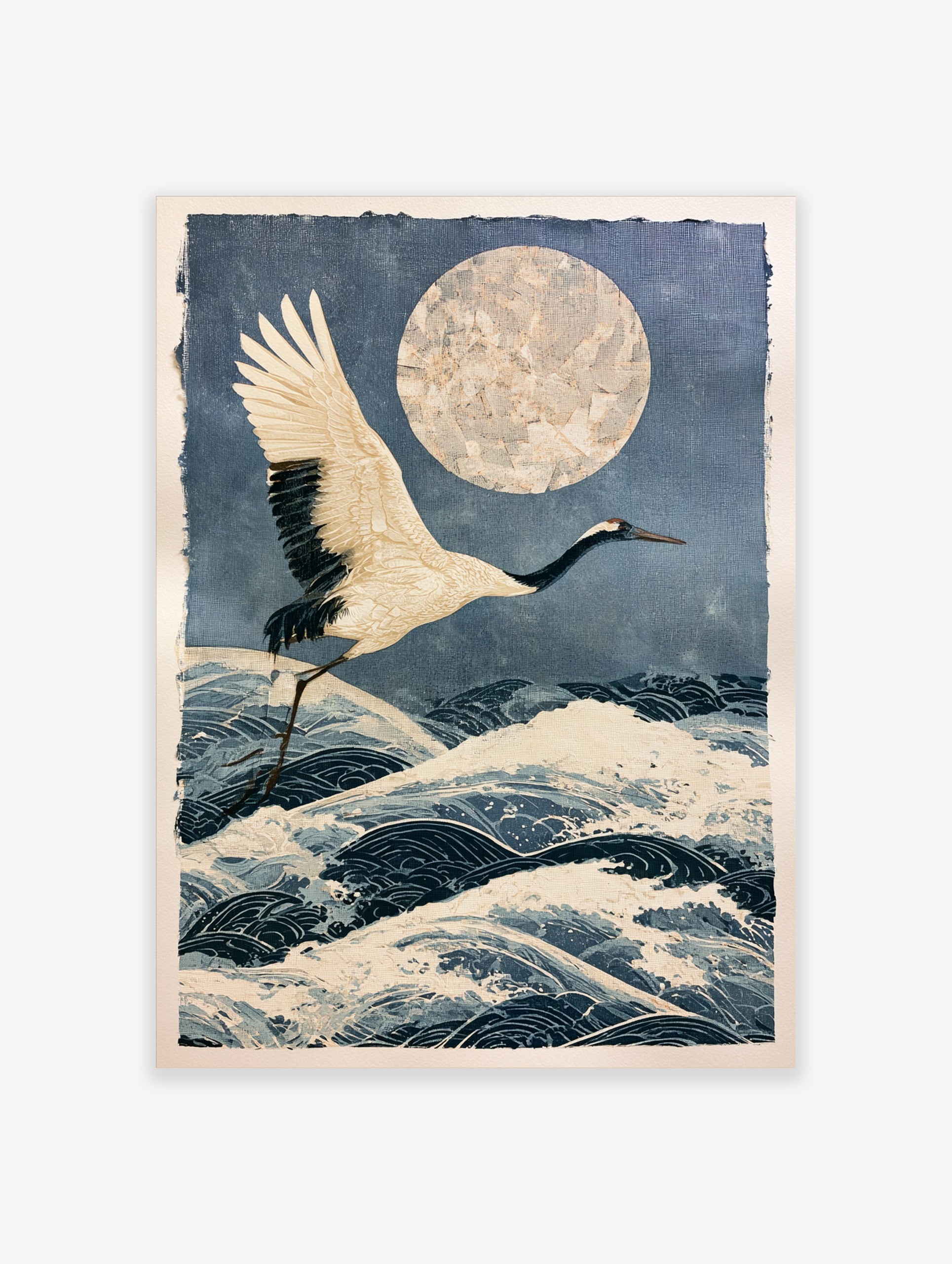 Japanese crane in flight over stylized ocean waves and a large textured moon in an illustrative, deep blue wall art print