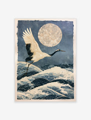 Japanese crane in flight over stylized ocean waves and a large textured moon in an illustrative, deep blue wall art print