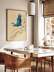 Japanese blue crane flying past a branch with red berries and stylized clouds on a beige background, Ukiyo-e style art print. - Image 2