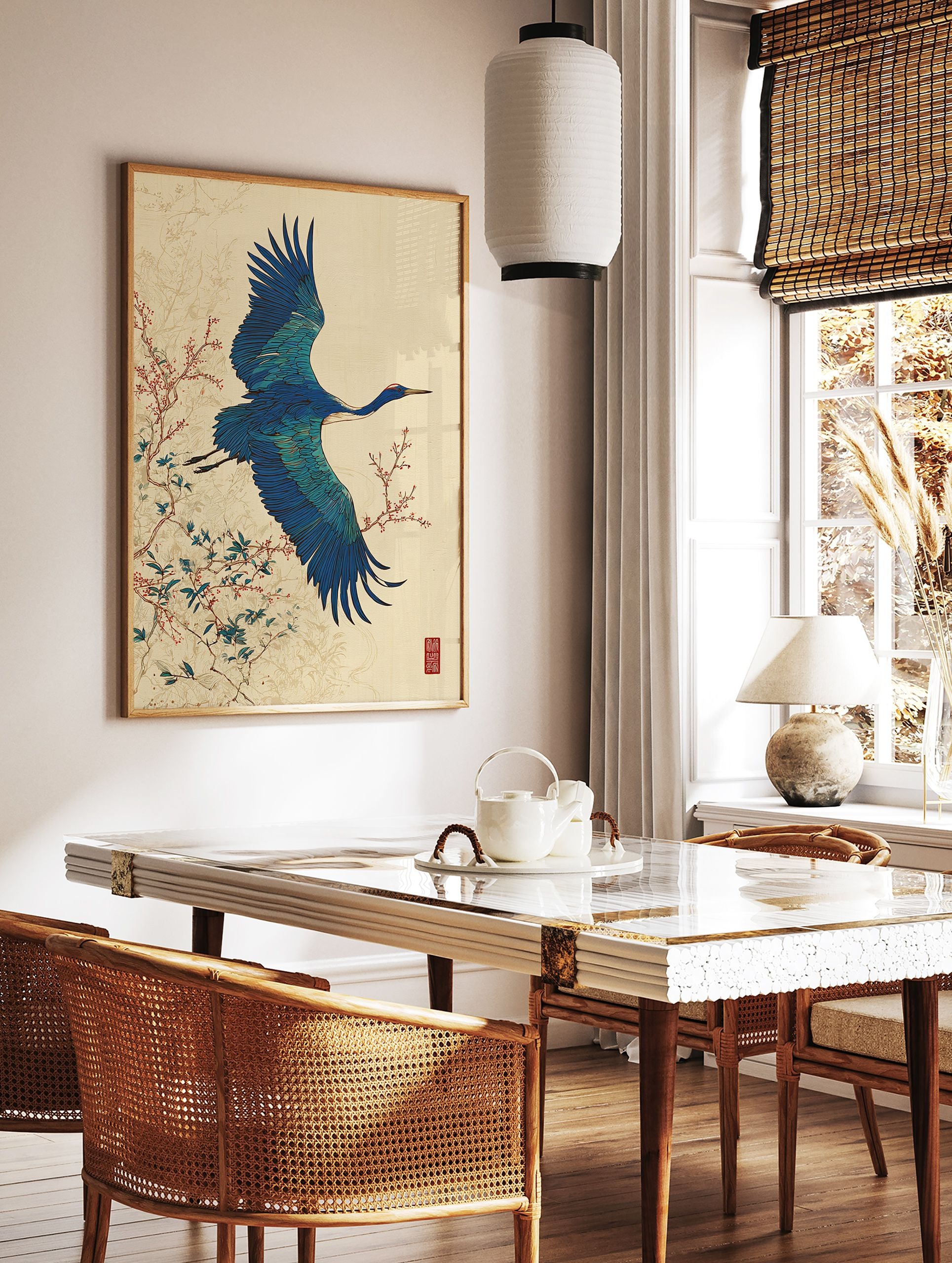 Japanese Crane Wall Art featuring a vibrant blue bird in flight with red berries and green leaves against a light beige background. - Image 2
