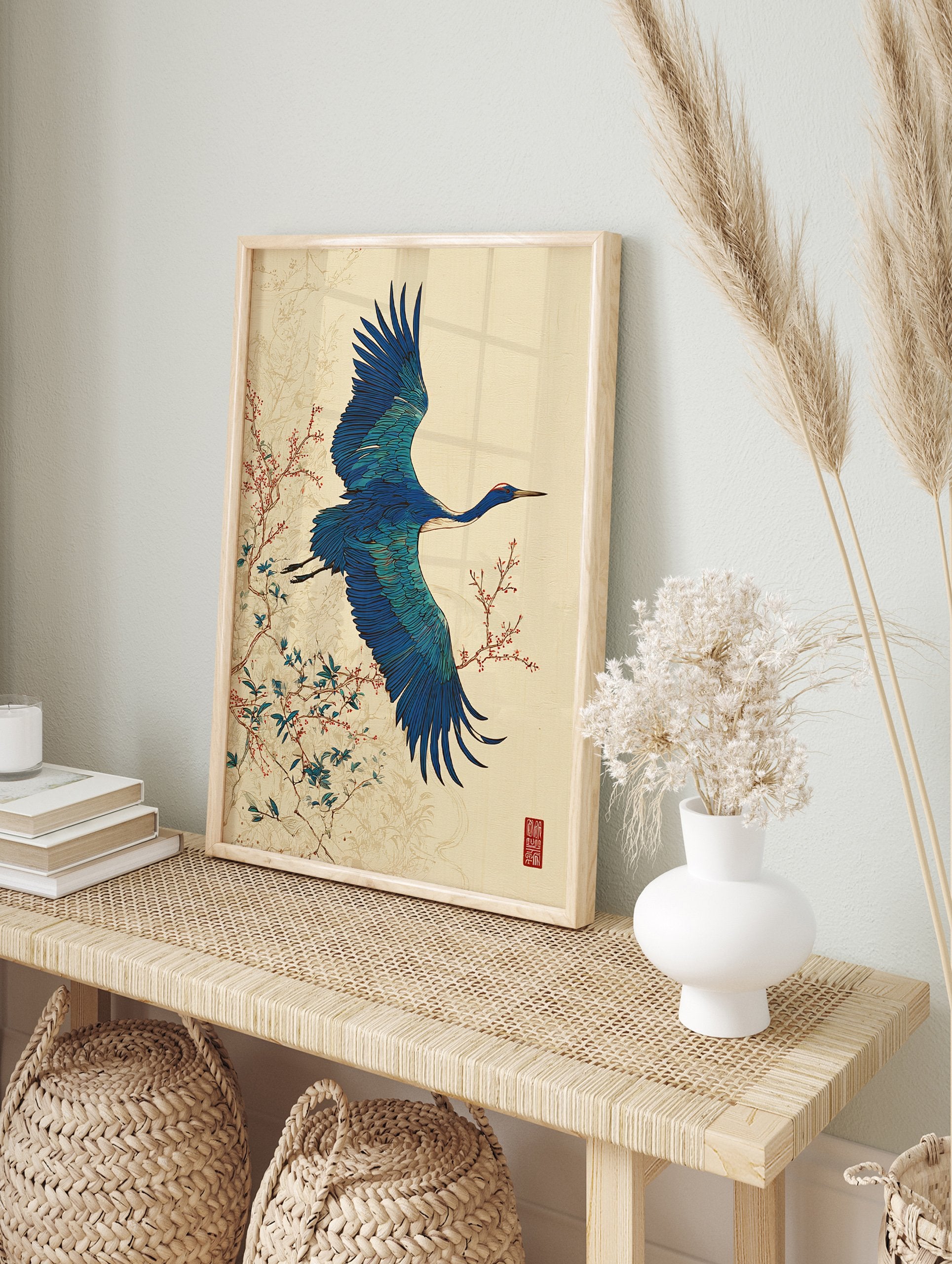 Japanese Crane Wall Art featuring a vibrant blue bird in flight with red berries and green leaves against a light beige background. - Image 3