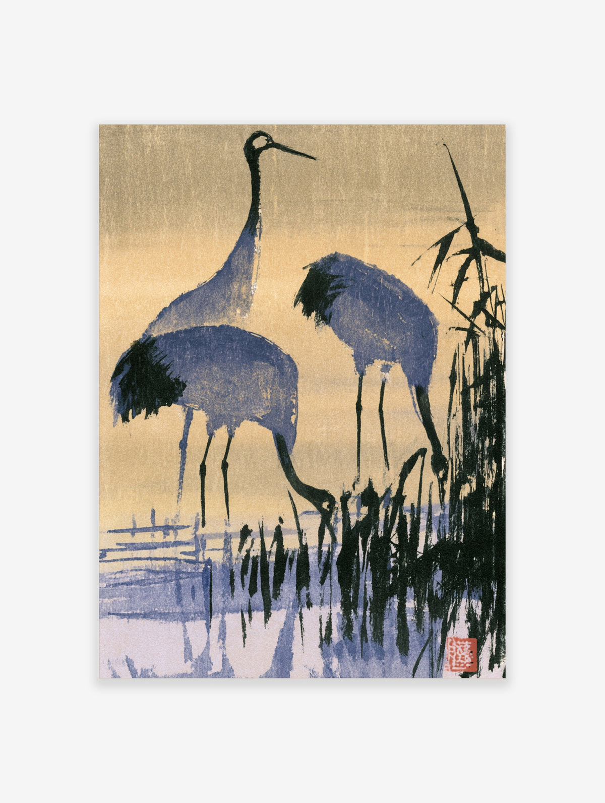 Blue ink-wash cranes with black reeds on tan background, Japanese style wall art print