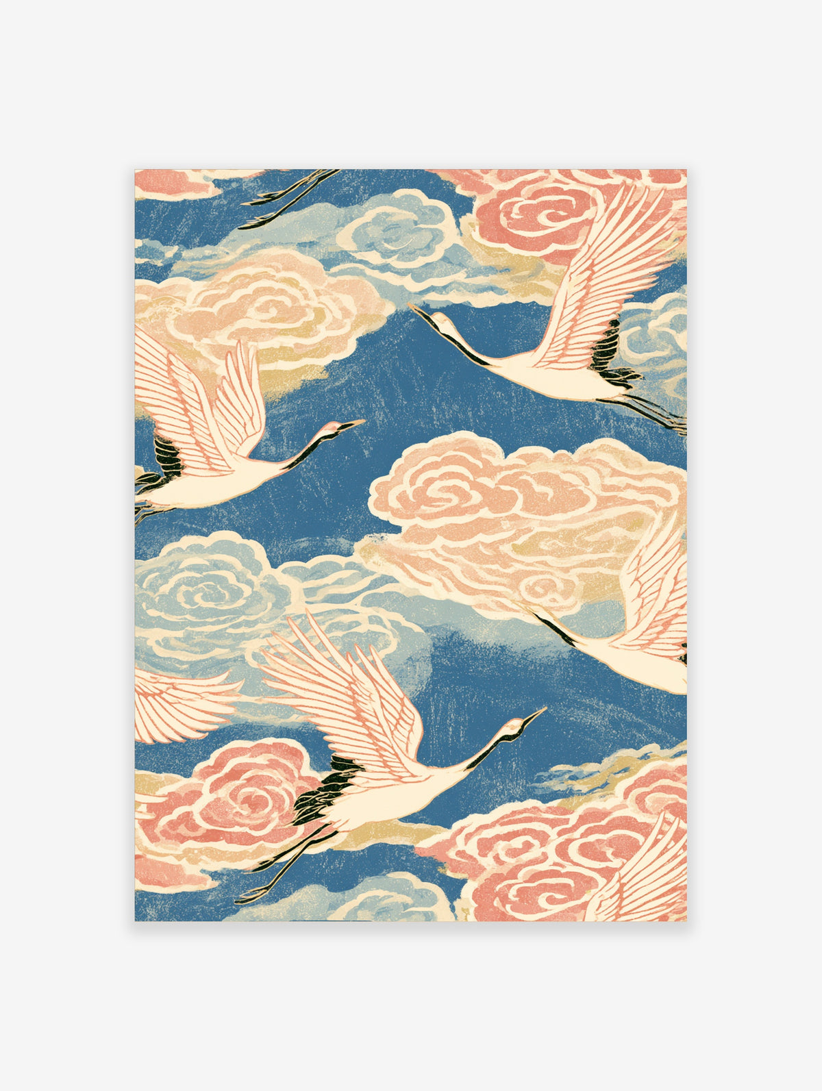 Japanese crane wall art with three flying cranes and pink clouds on blue background