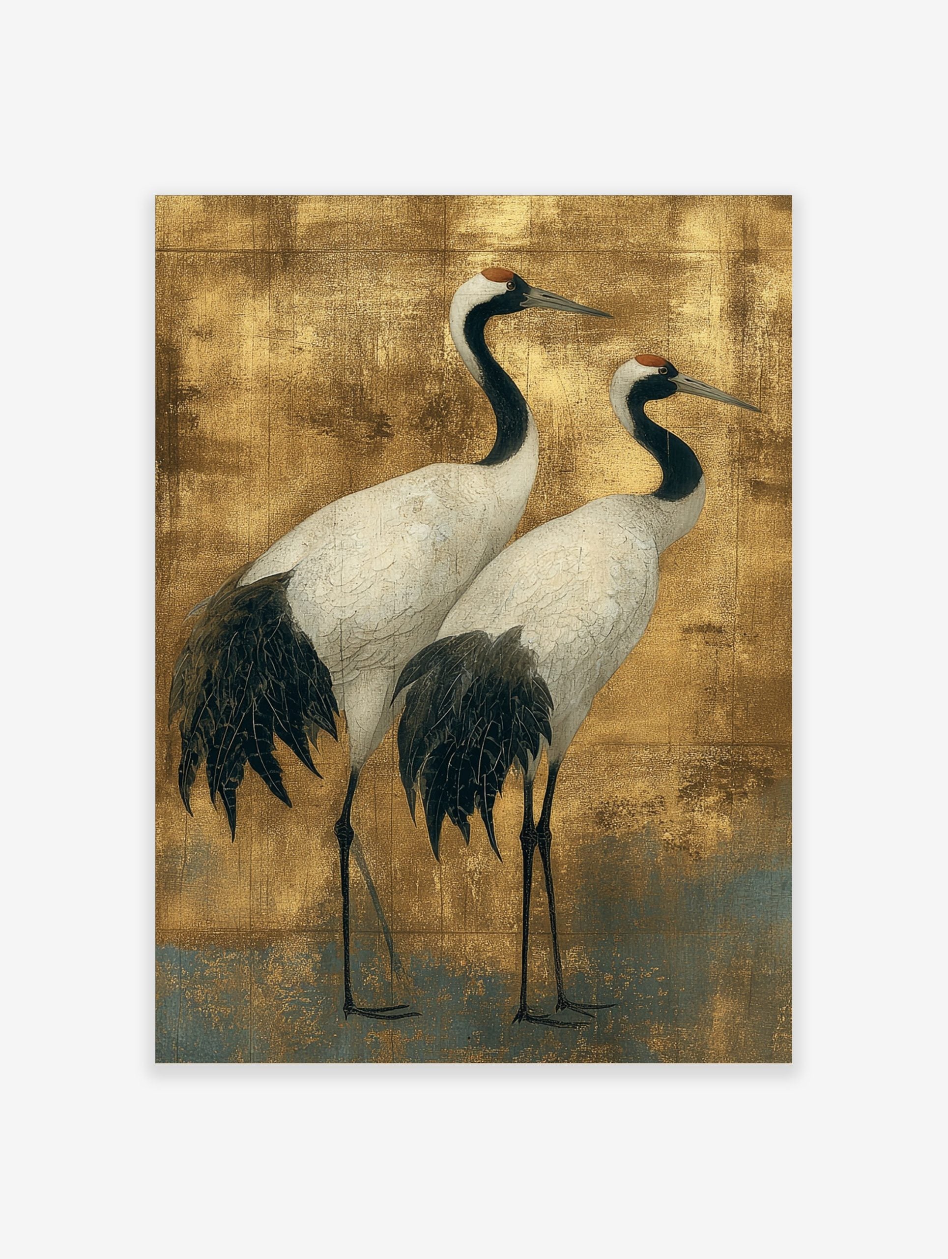 Illustrative Japanese crane wall art featuring two white and black cranes with red crowns on a gold background
