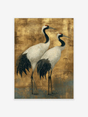 Illustrative Japanese crane wall art featuring two white and black cranes with red crowns on a gold background