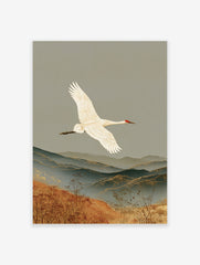 White crane flying over layered mountains and golden grasses, traditional Japanese style nature art print