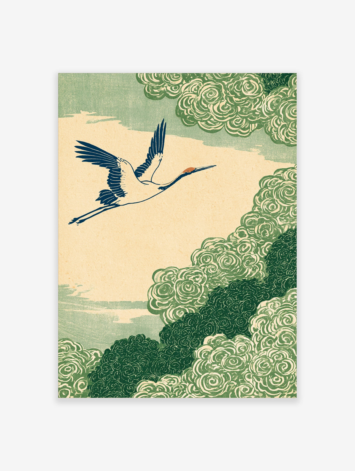 Japanese crane flying with red crown and navy wings over stylised green clouds on cream background