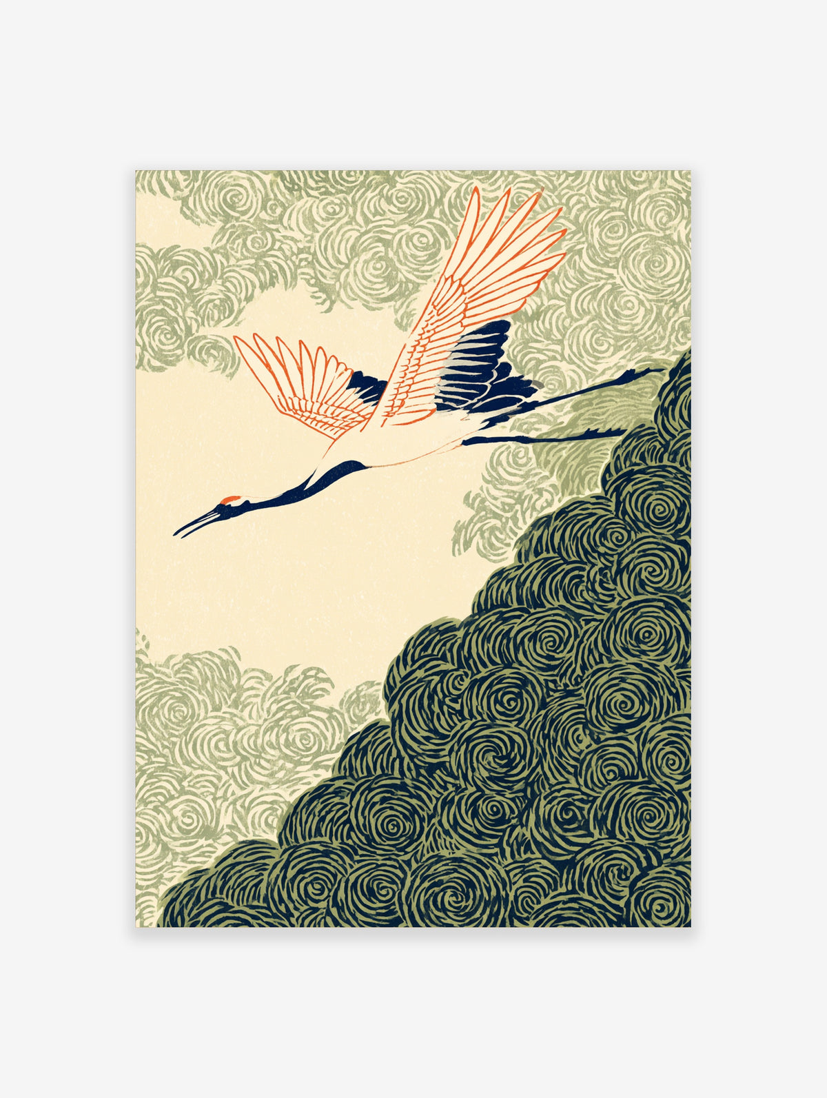 Japanese crane art print with flying red-crowned crane, orange and navy feathers, and swirling green cloud patterns