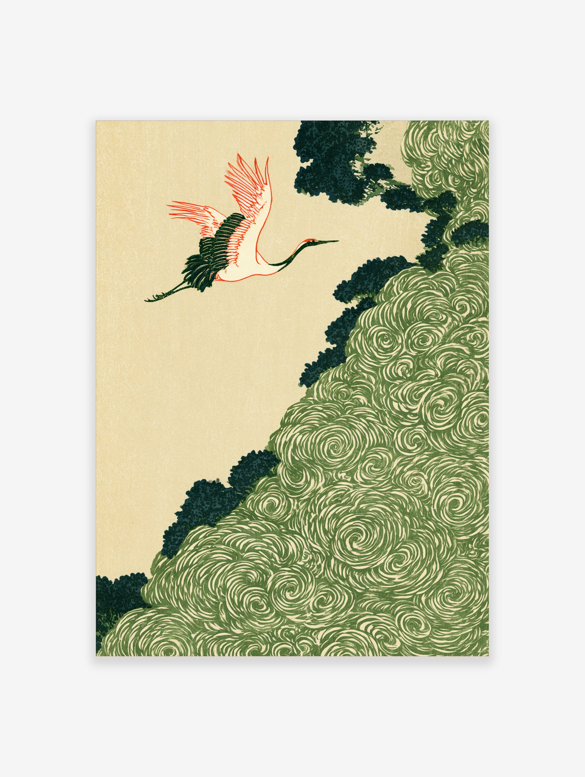 Japanese crane flying over swirling green foliage on beige background art print