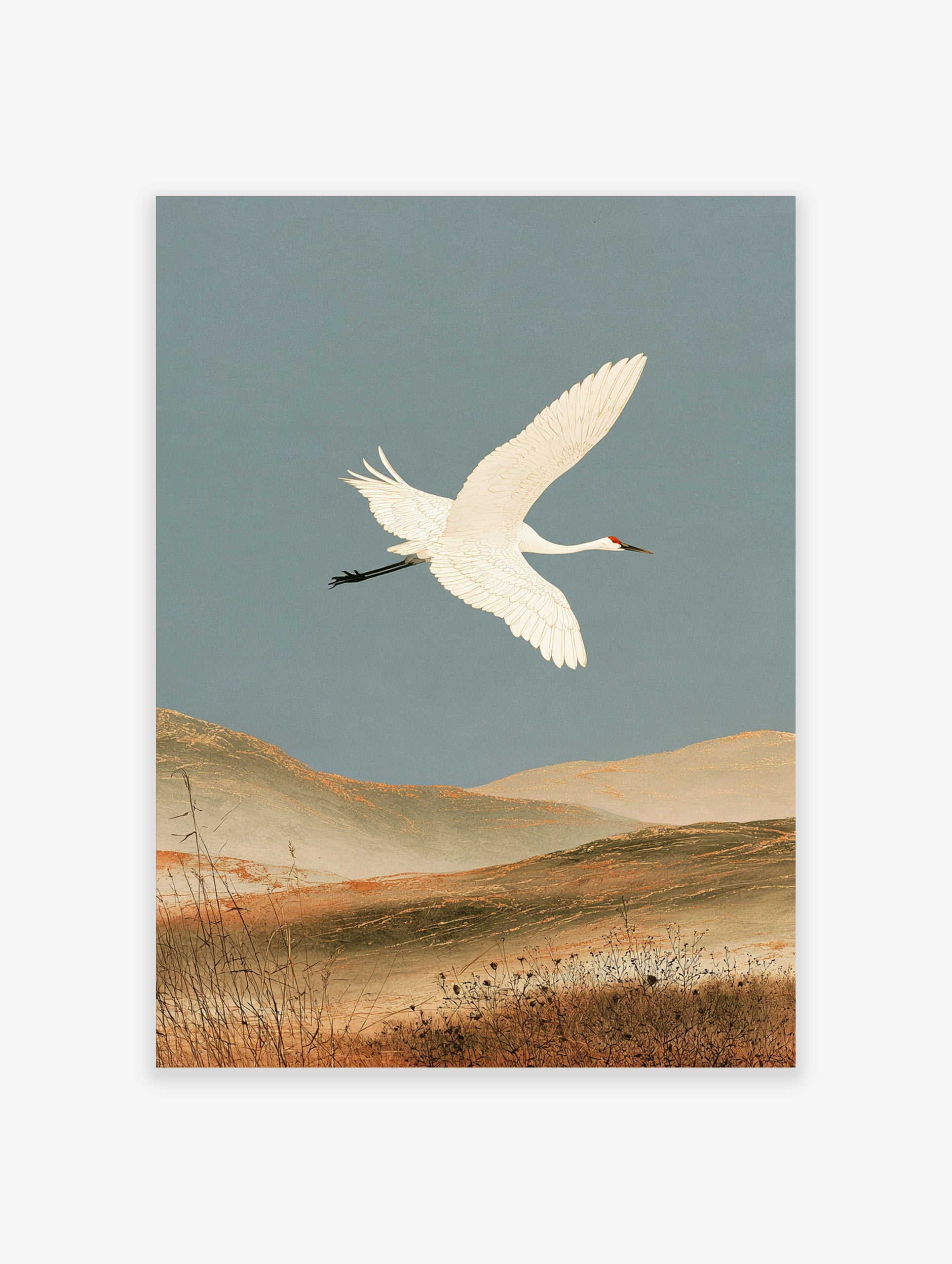 White crane in flight over earthy hills, Japanese-inspired nature wall art print