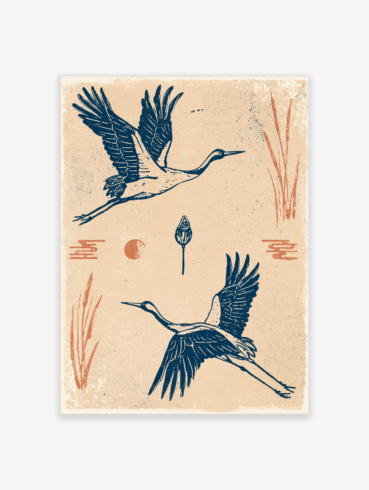Japanese crane wall art print with two flying cranes, red sun, reeds, and lotus bud on beige background