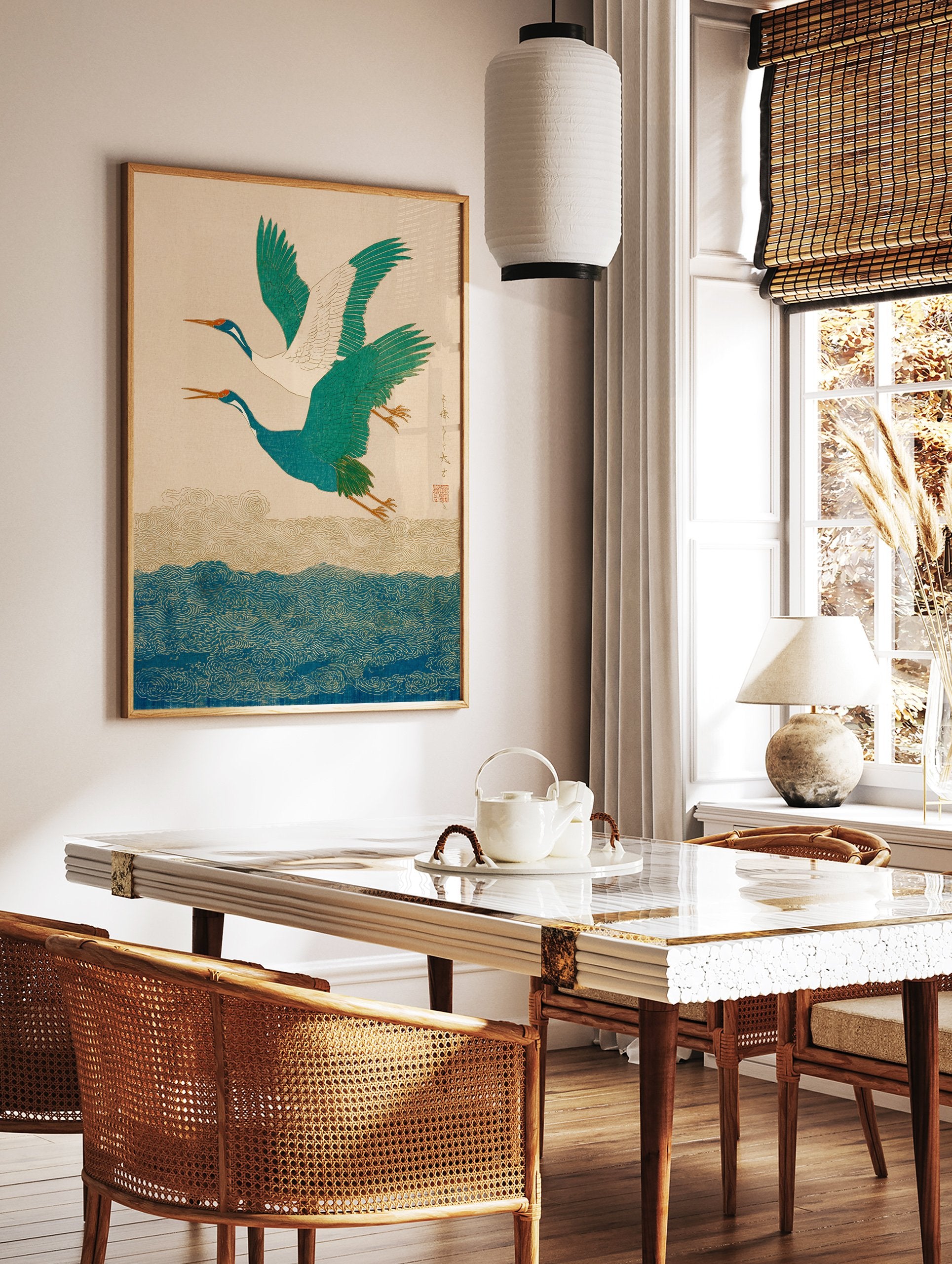 Japanese Crane Wall Art featuring two teal and white cranes flying above blue and gold swirling waves in a traditional art style. - Image 2