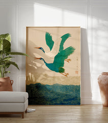 Japanese Crane Wall Art featuring two teal and white cranes flying above blue and gold swirling waves in a traditional art style. - Image 3