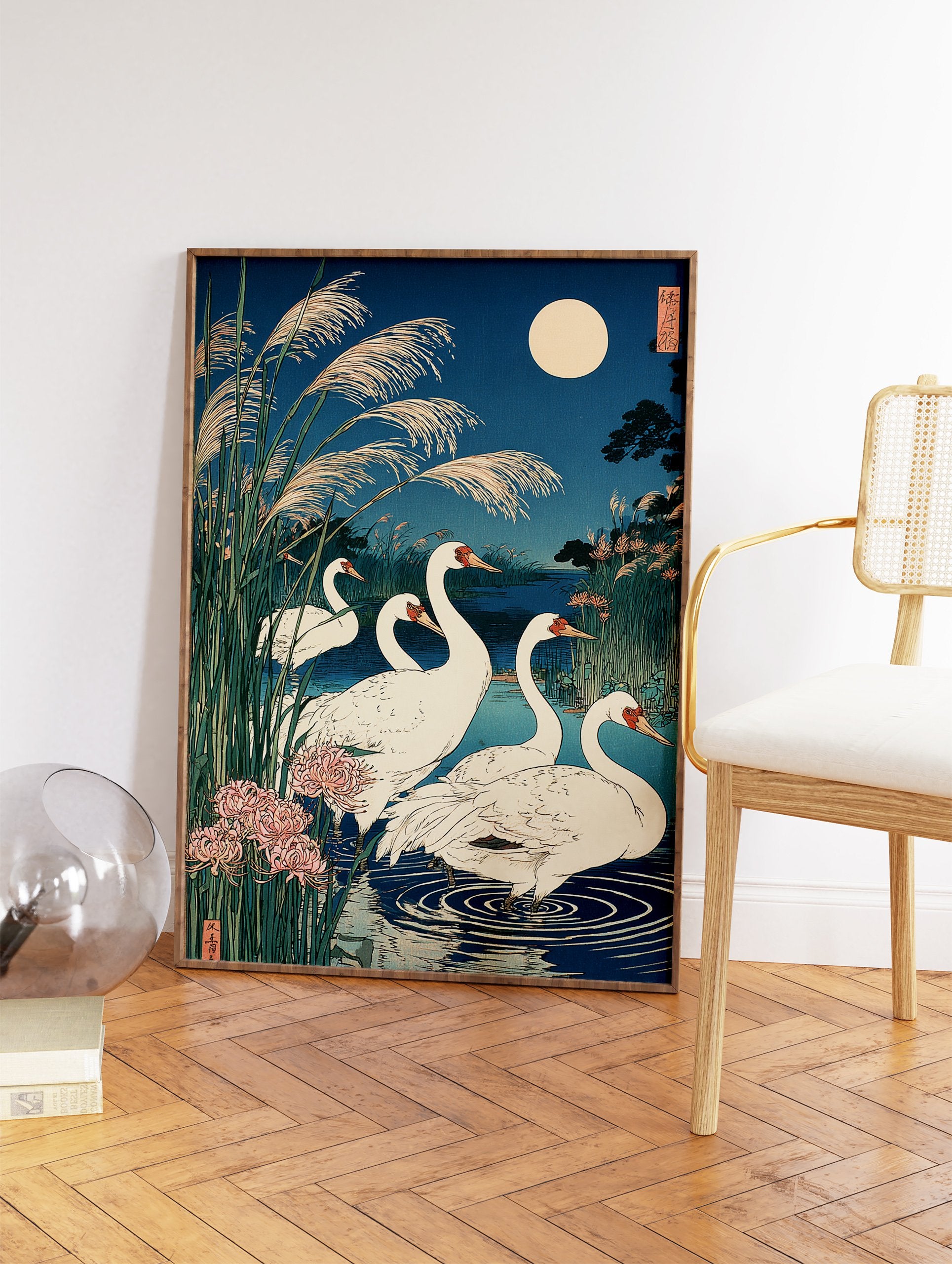 Japanese crane wall art print with white cranes, pampas grass, pink spider lilies, and a full moon over a pond at night. - Image 2