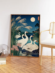 Japanese crane wall art print with white cranes, pampas grass, pink spider lilies, and a full moon over a pond at night. - Image 2