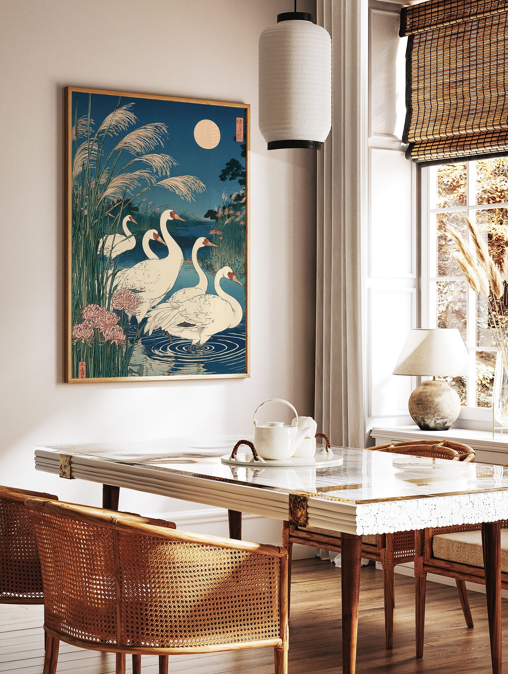 Japanese crane wall art print with white cranes, pampas grass, pink spider lilies, and a full moon over a pond at night. - Image 3