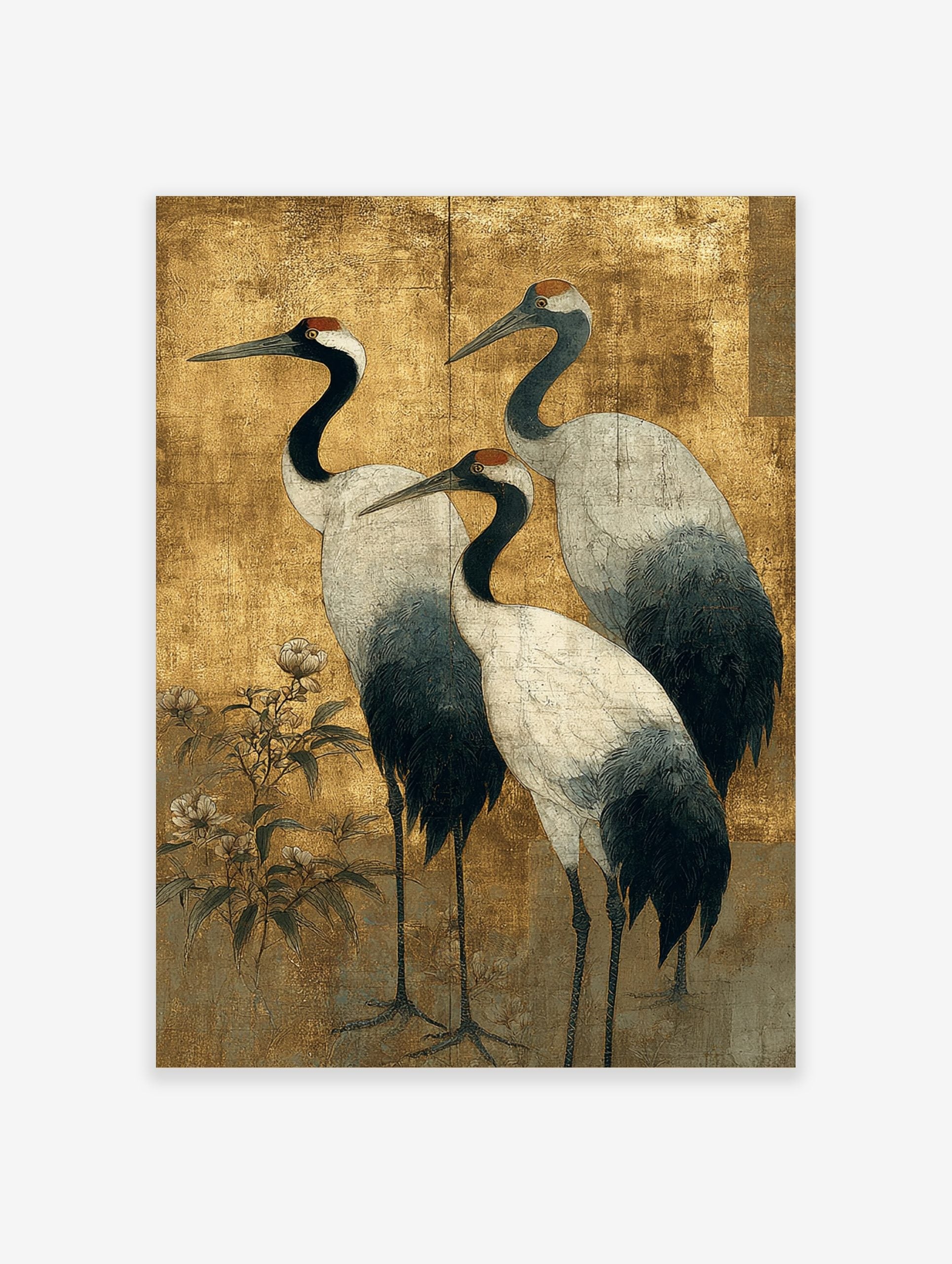 Japanese art print of three red-crowned cranes with black necks and white bodies on a textured gold background