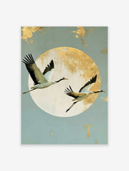 Japanese crane wall art with two birds in flight against a large textured gold sun on a pale blue background