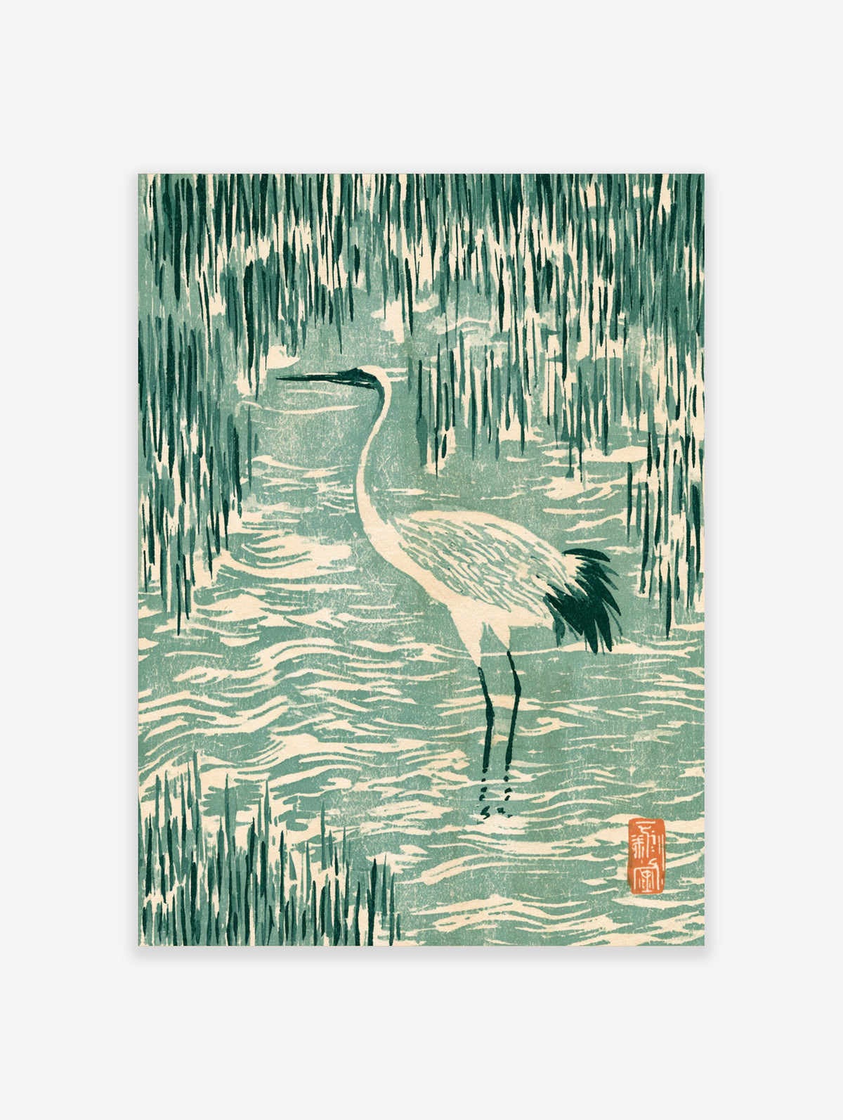 Japanese crane art print with white bird in teal water and green reeds