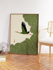 Japanese crane wall art showing a green and blue bird flying over swirling green clouds on a cream background. - Image 2