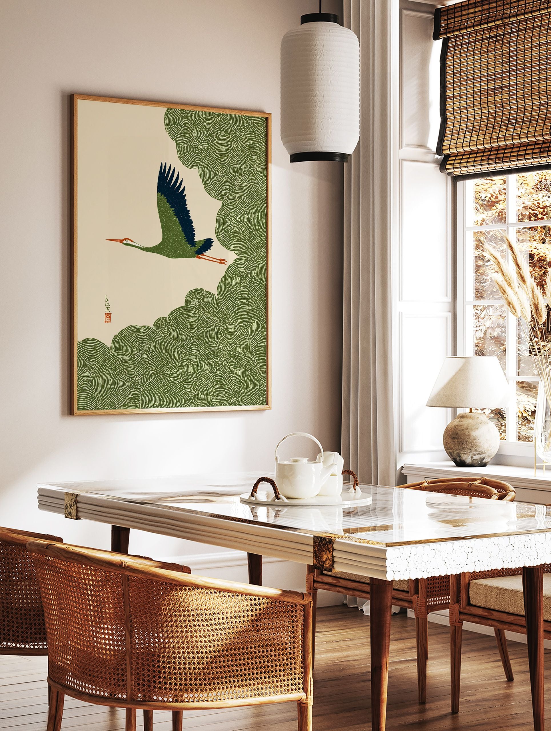 Japanese crane wall art showing a green and blue bird flying over swirling green clouds on a cream background. - Image 3
