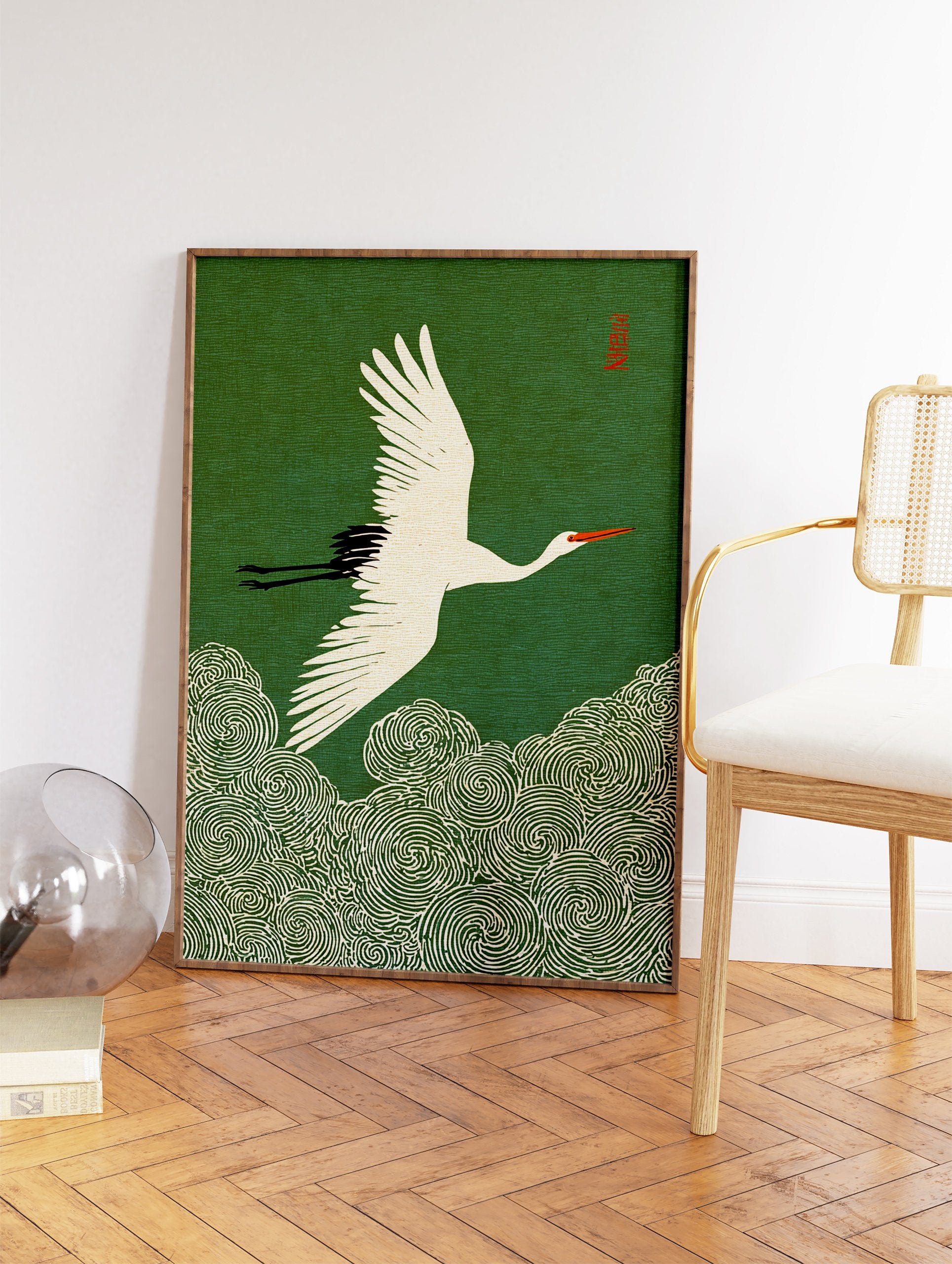 Japanese crane flying over green swirling waves in traditional Asian art style. White bird with red and black details. - Image 2