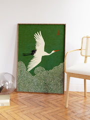 Japanese crane flying over green swirling waves in traditional Asian art style. White bird with red and black details. - Image 2
