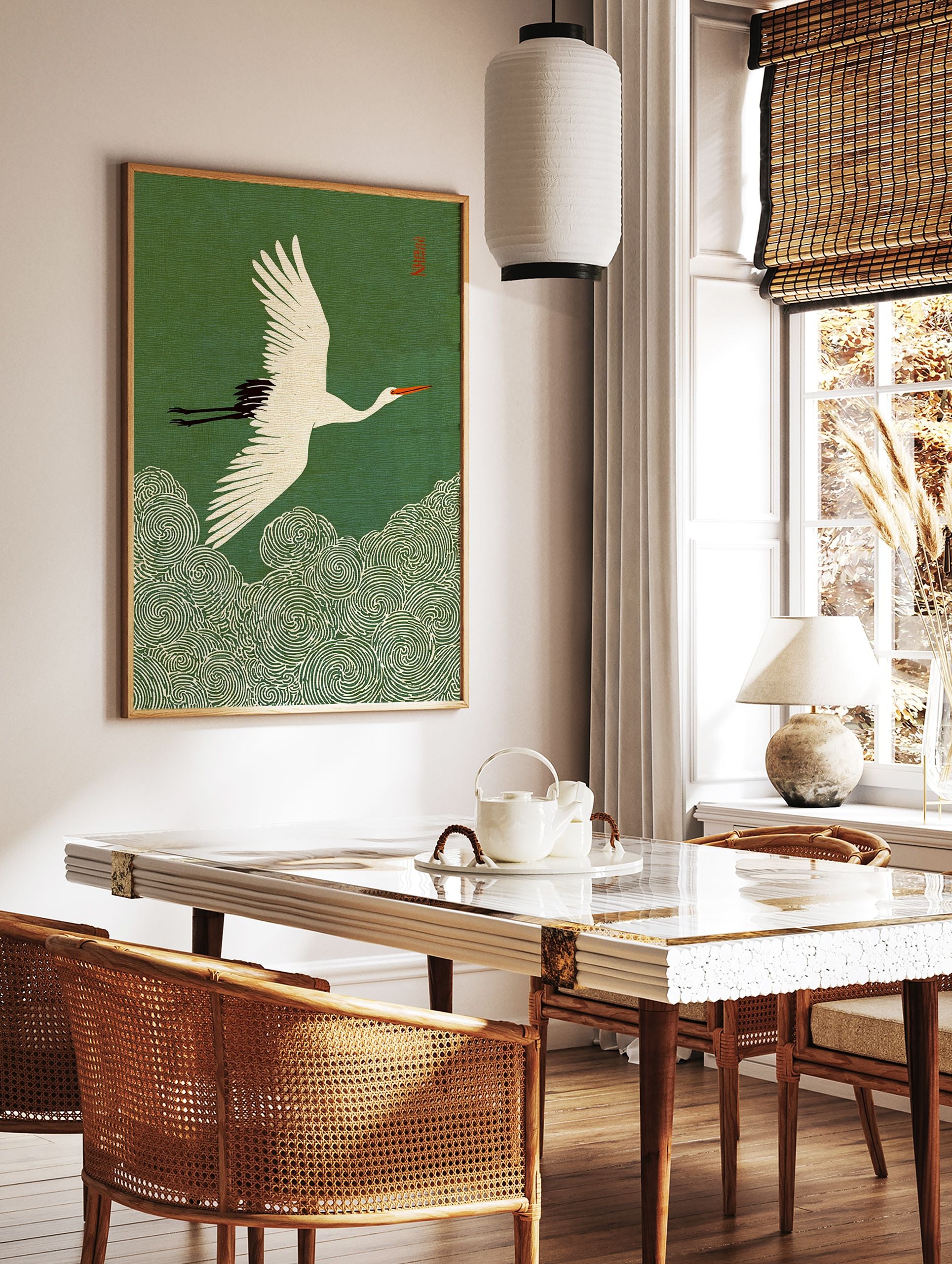 Japanese crane flying over green swirling waves in traditional Asian art style. White bird with red and black details. - Image 3