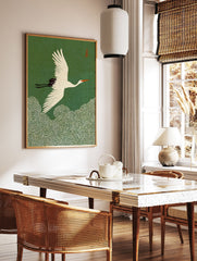 Japanese crane flying over green swirling waves in traditional Asian art style. White bird with red and black details. - Image 3