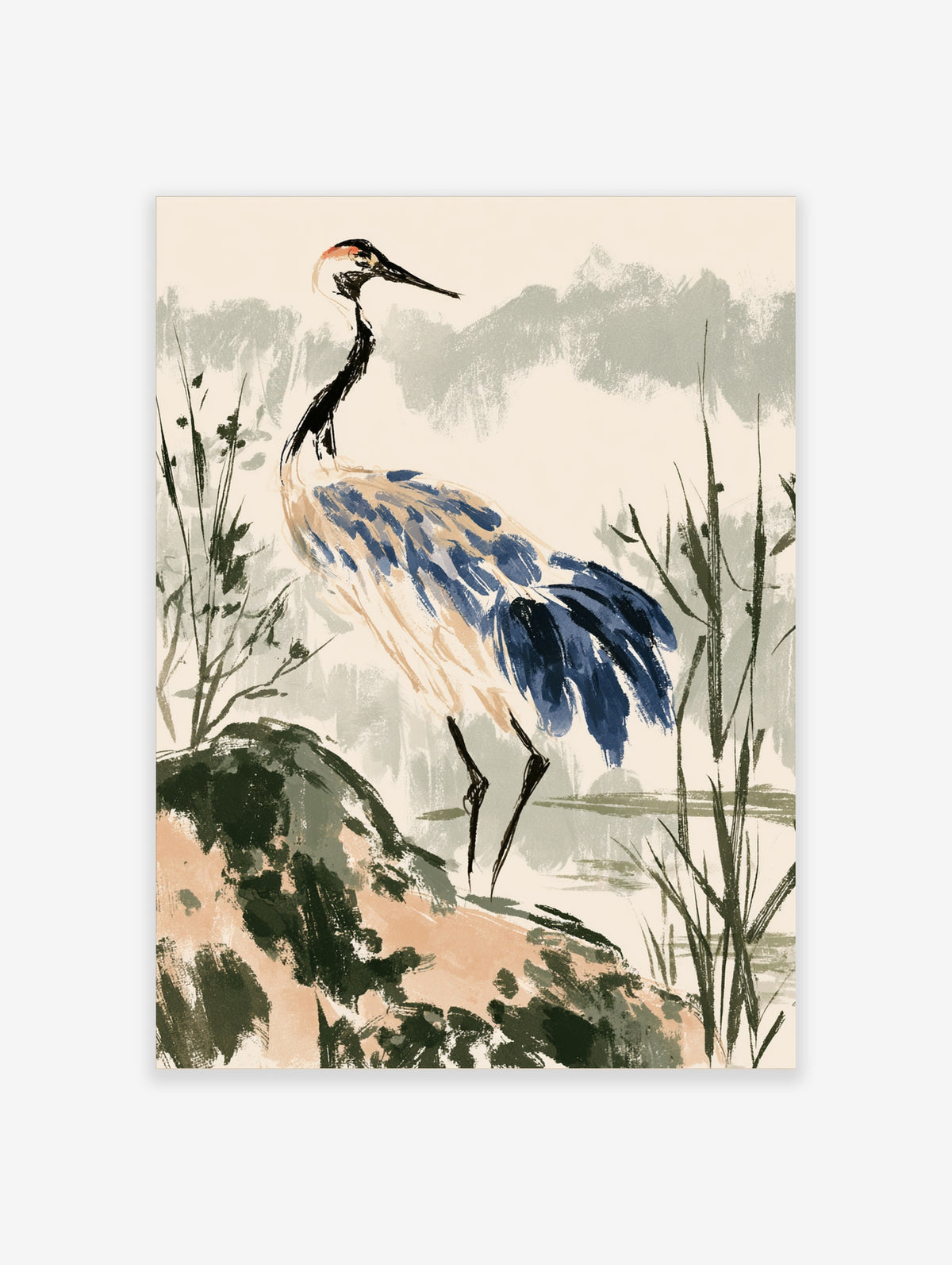 Japanese crane art print with blue and beige ink brush strokes on a rock