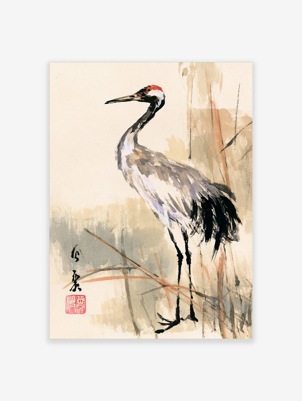 Japanese crane ink wash art print with red crown, black neck, and reeds on beige background