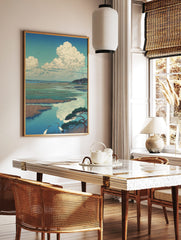 Ukiyo-e style Japanese crane wall art in marshland with reeds, water reflections, and cloudy sky, in a styled room mockup