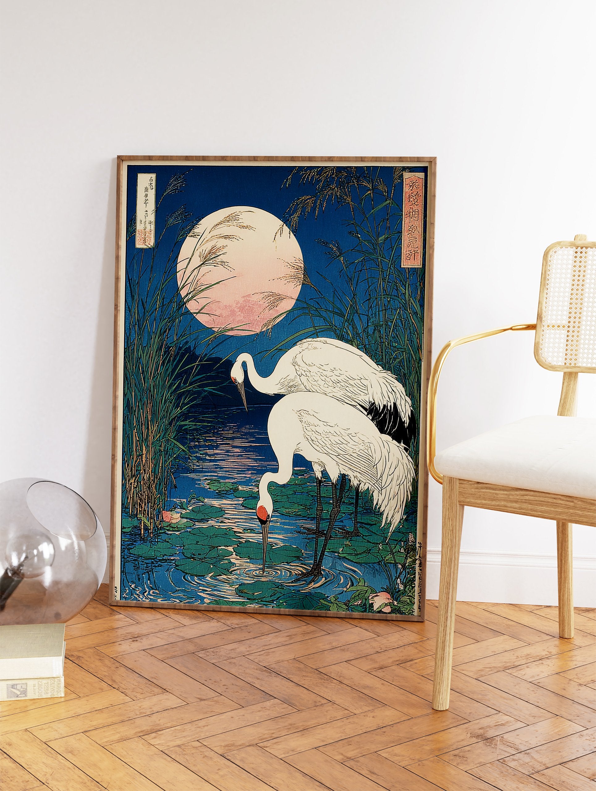 Japanese Crane Wall Art featuring two white cranes in a moonlit pond with reeds and lily pads, in Ukiyo-e style. - Image 2