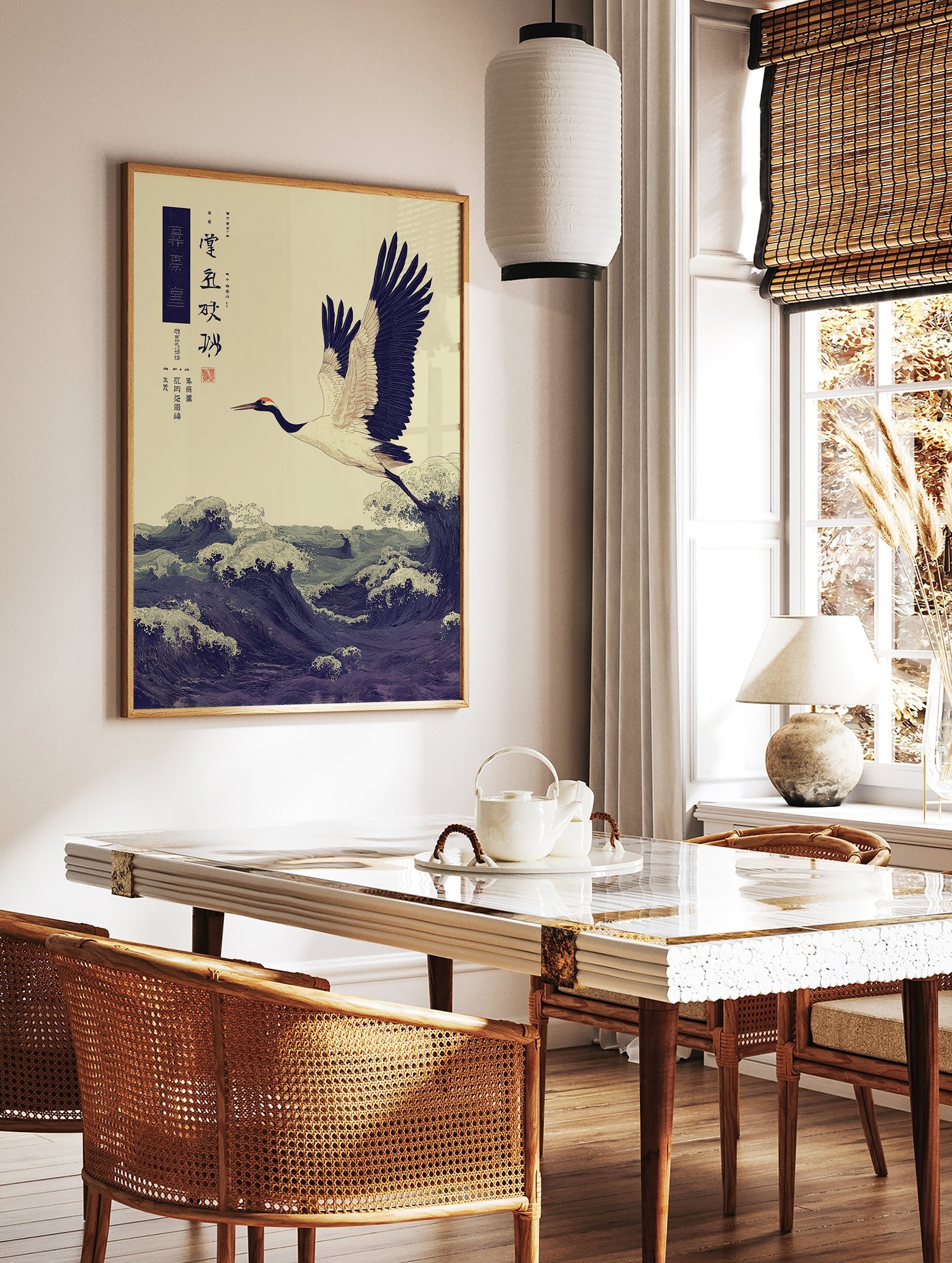 Japanese crane flying over dark blue ocean waves in a traditional Asian art print with calligraphy. - Image 3