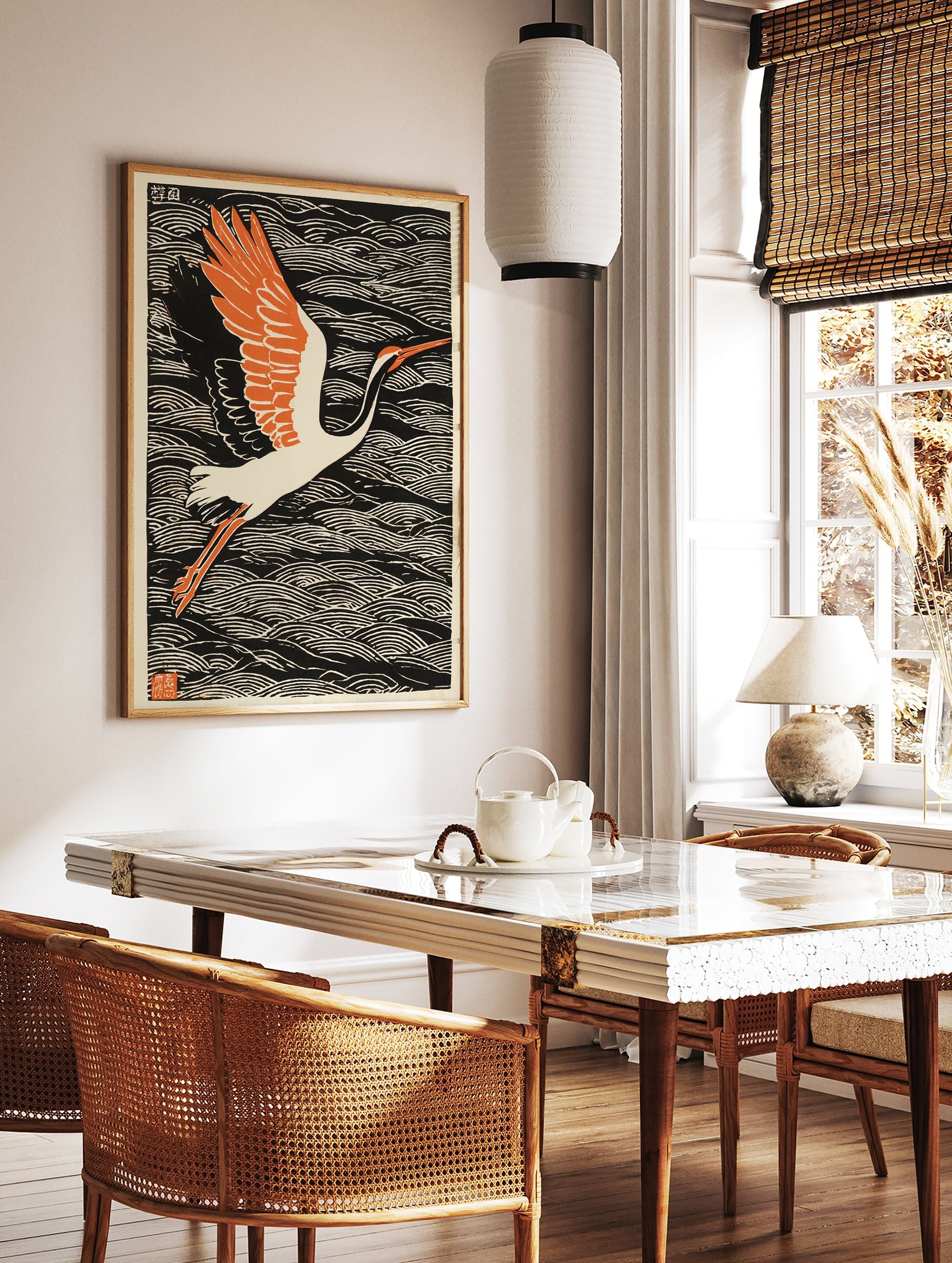 Japanese Crane Wall Art, a woodblock print of a white crane with orange wings flying over black and white ocean waves. - Image 3