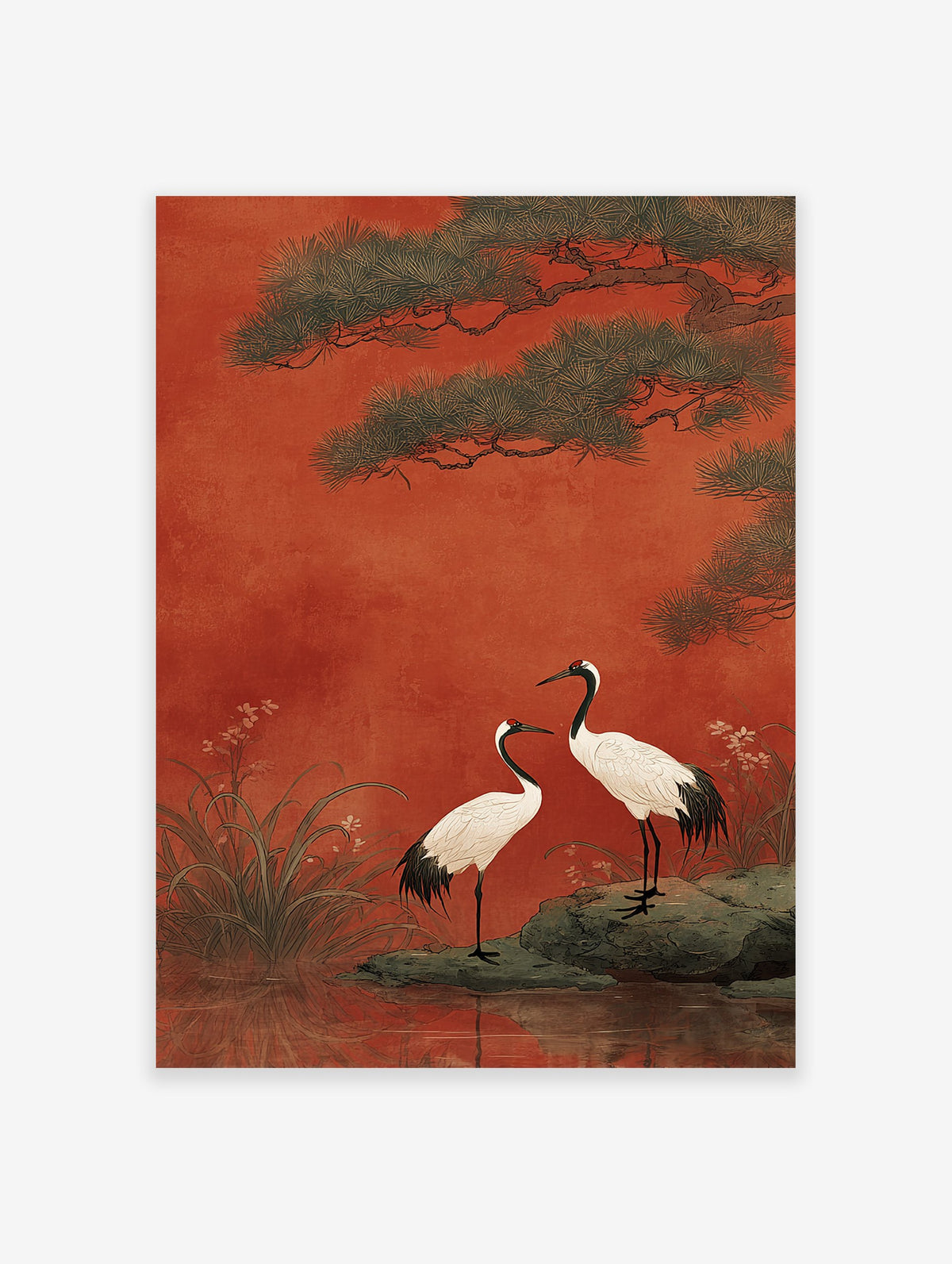 Japanese crane wall art print with two red-crowned cranes, pine trees, and water on a vibrant red background.