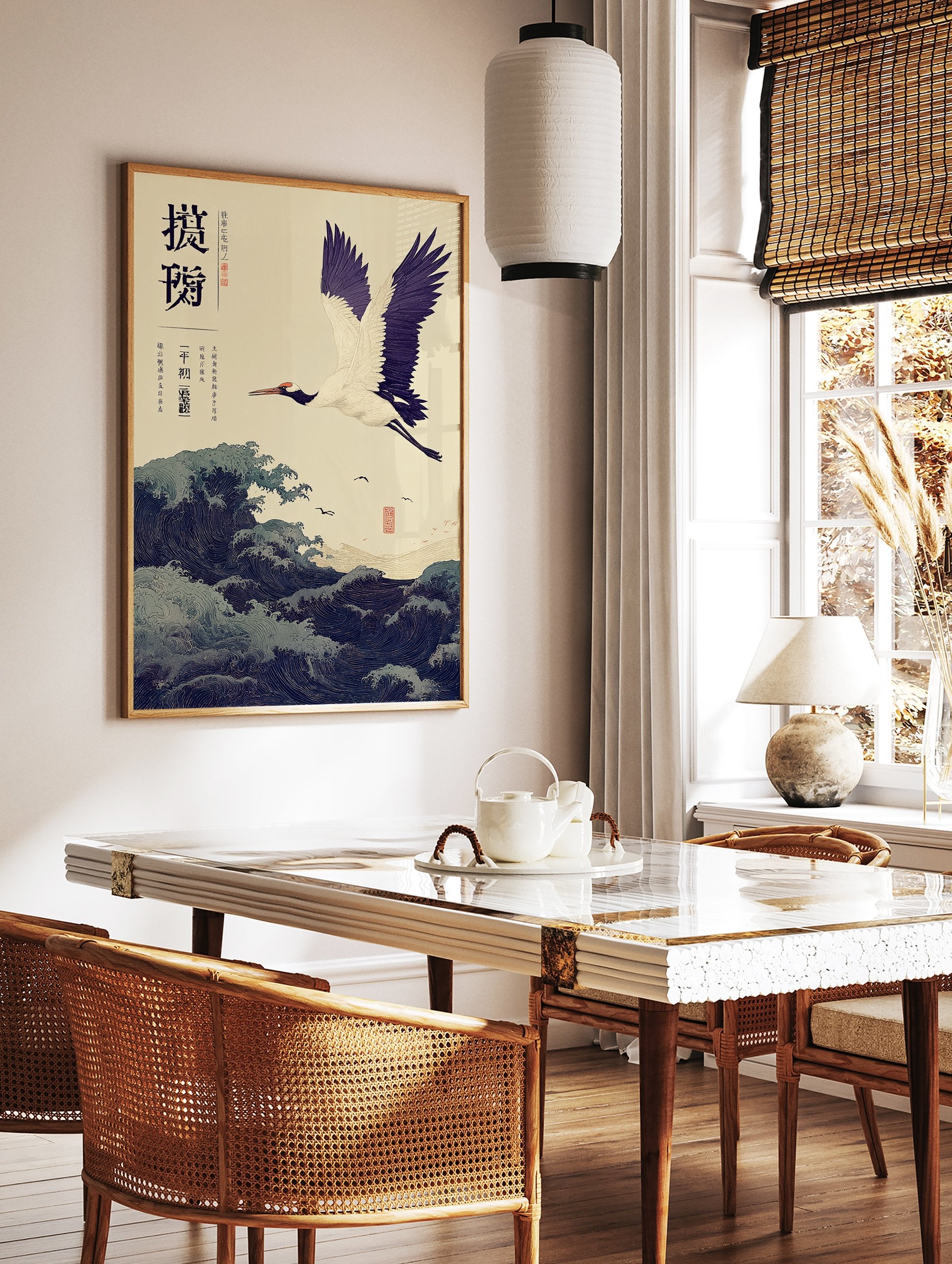 Traditional Japanese crane wall art with a red-crowned crane flying over dark blue ocean waves and smaller birds. - Image 3