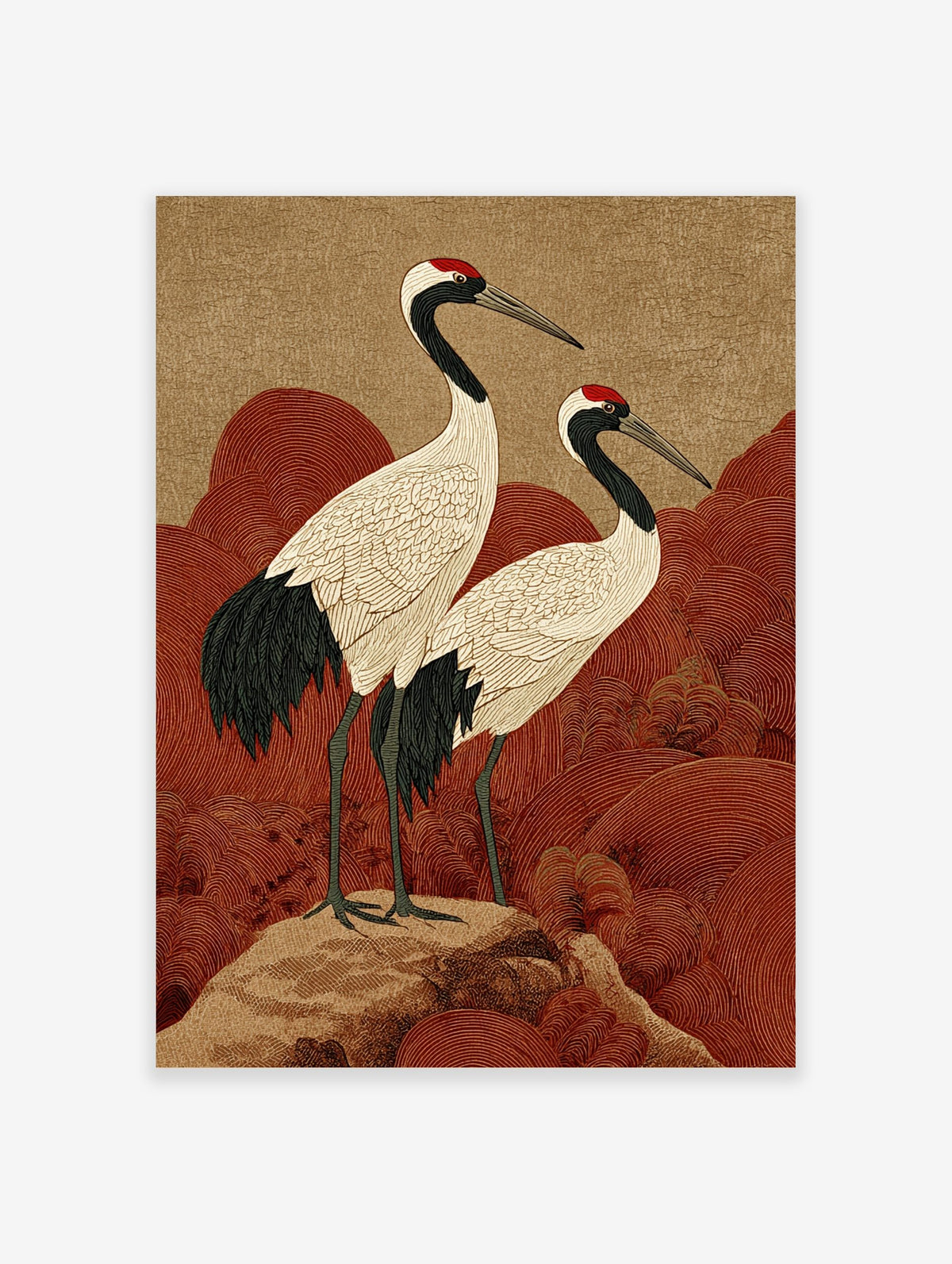 Japanese crane wall art with two red-crowned cranes on a rock, with red wave patterns and a textured beige sky
