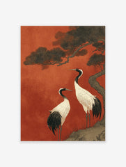 Two red-crowned Japanese cranes under a pine tree against a rich red background in traditional Asian wall art style.