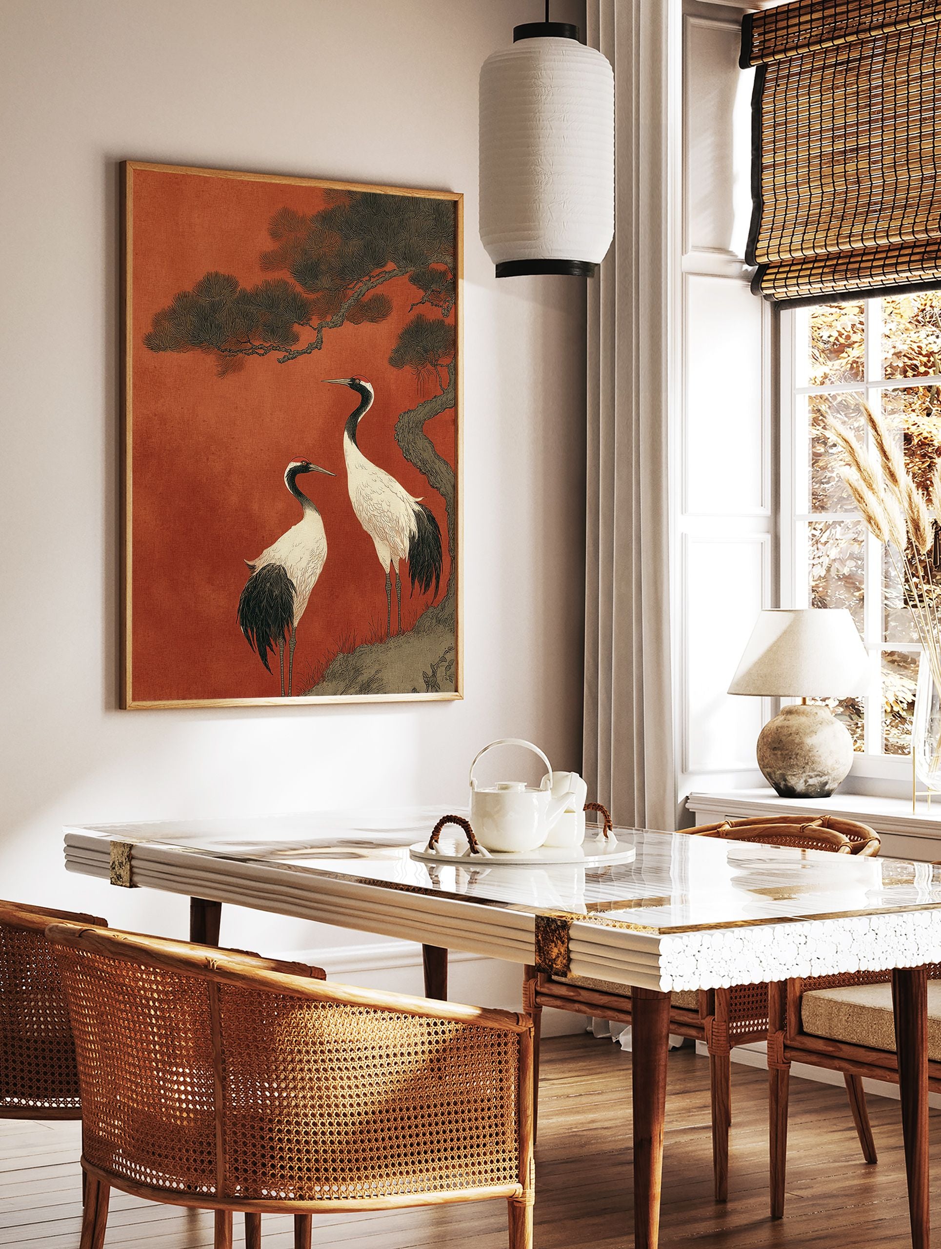 Two red-crowned Japanese cranes under a pine tree against a rich red background in traditional Asian wall art style. - Image 2