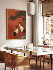 Two red-crowned Japanese cranes under a pine tree against a rich red background in traditional Asian wall art style. - Image 2