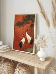Two red-crowned Japanese cranes under a pine tree against a rich red background in traditional Asian wall art style. - Image 3