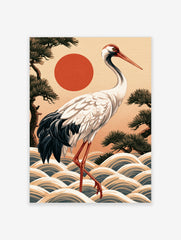 Japanese red-crowned crane illustration with stylized waves, pine trees, and a red sun, art print on beige background