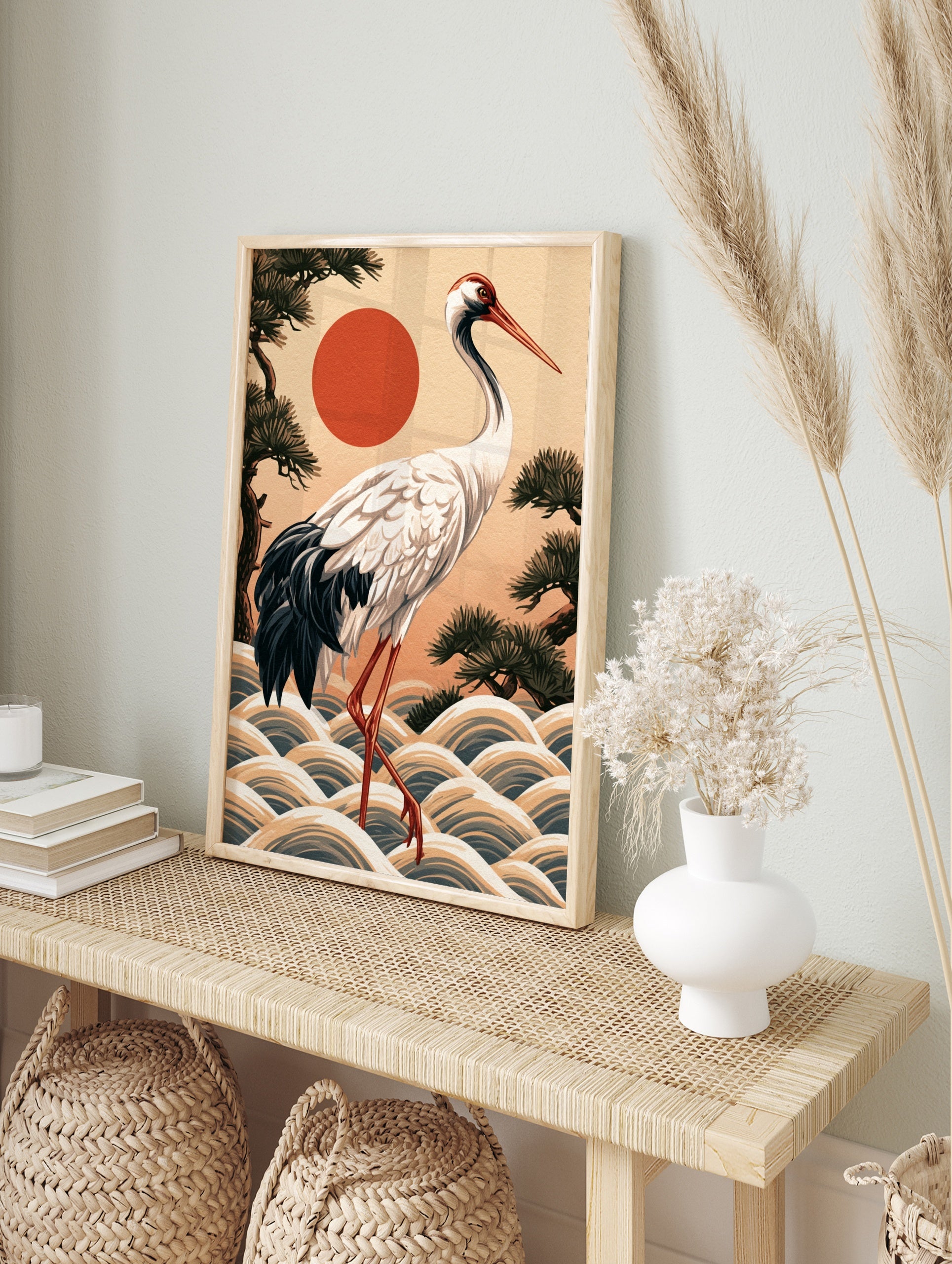 Japanese red-crowned crane illustration with stylized waves, pine trees, and a red sun, art, in an alternate framed mockup